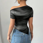 Women’s tie-dye one-shoulder mesh ruched casual top by FitiqueFit, featuring asymmetrical stretch tee design for stylish outings.