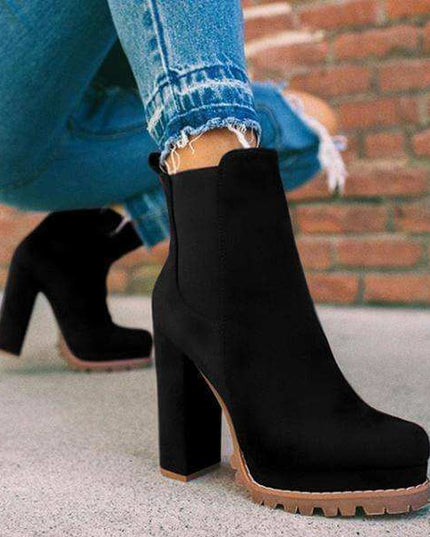 Round-toe Ankle Boots Solid Leopard Print Thick Square High Heel Shoes - Plush Fashion Shop #