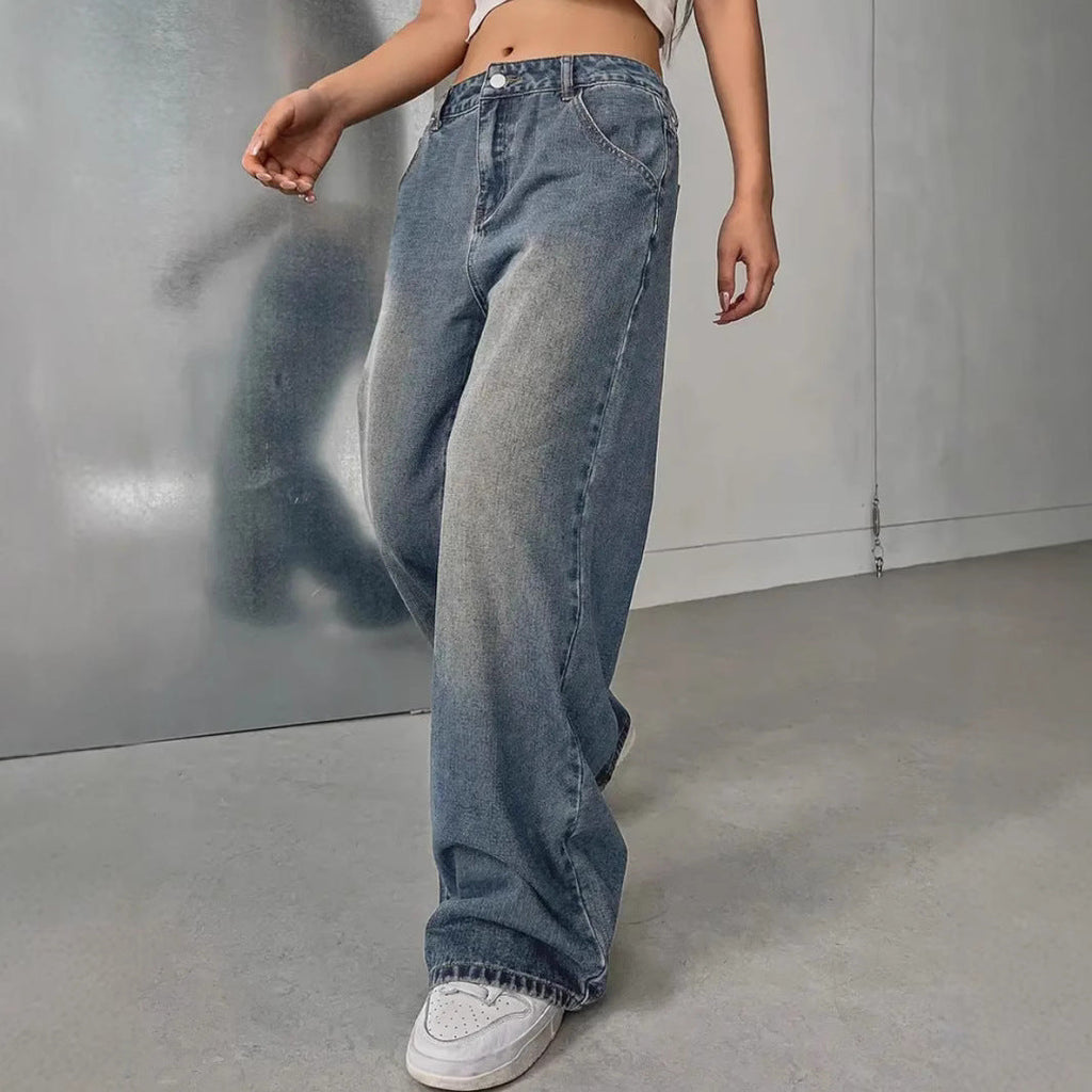 European and American women's washed vintage denim jeans by LadyShow.Store, showcasing classic distressed denim style.