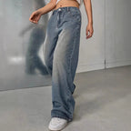 European and American women's washed vintage denim jeans by LadyShow.Store, showcasing classic distressed denim style.