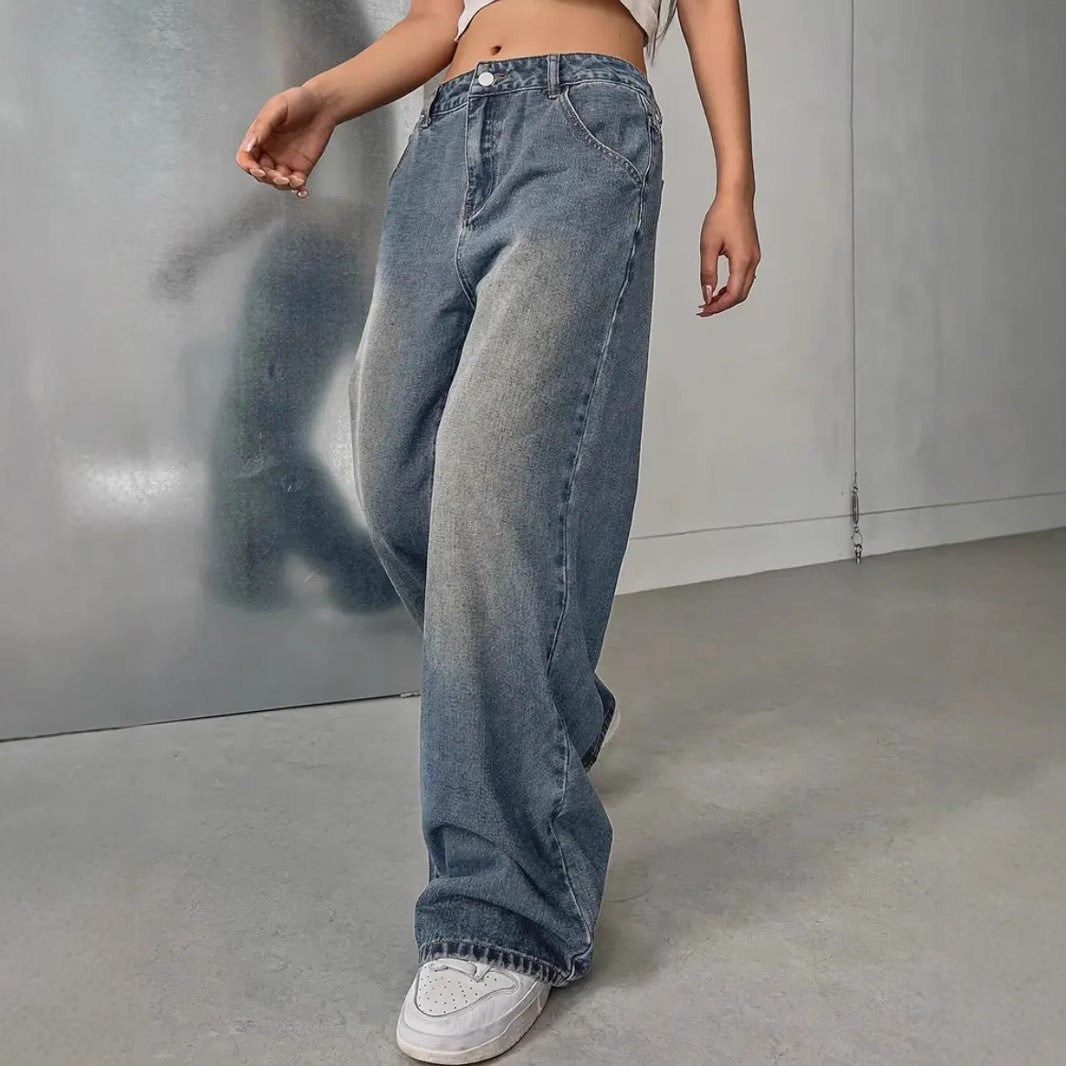 European and American women's washed vintage denim jeans by LadyShow.Store, showcasing classic distressed denim style.