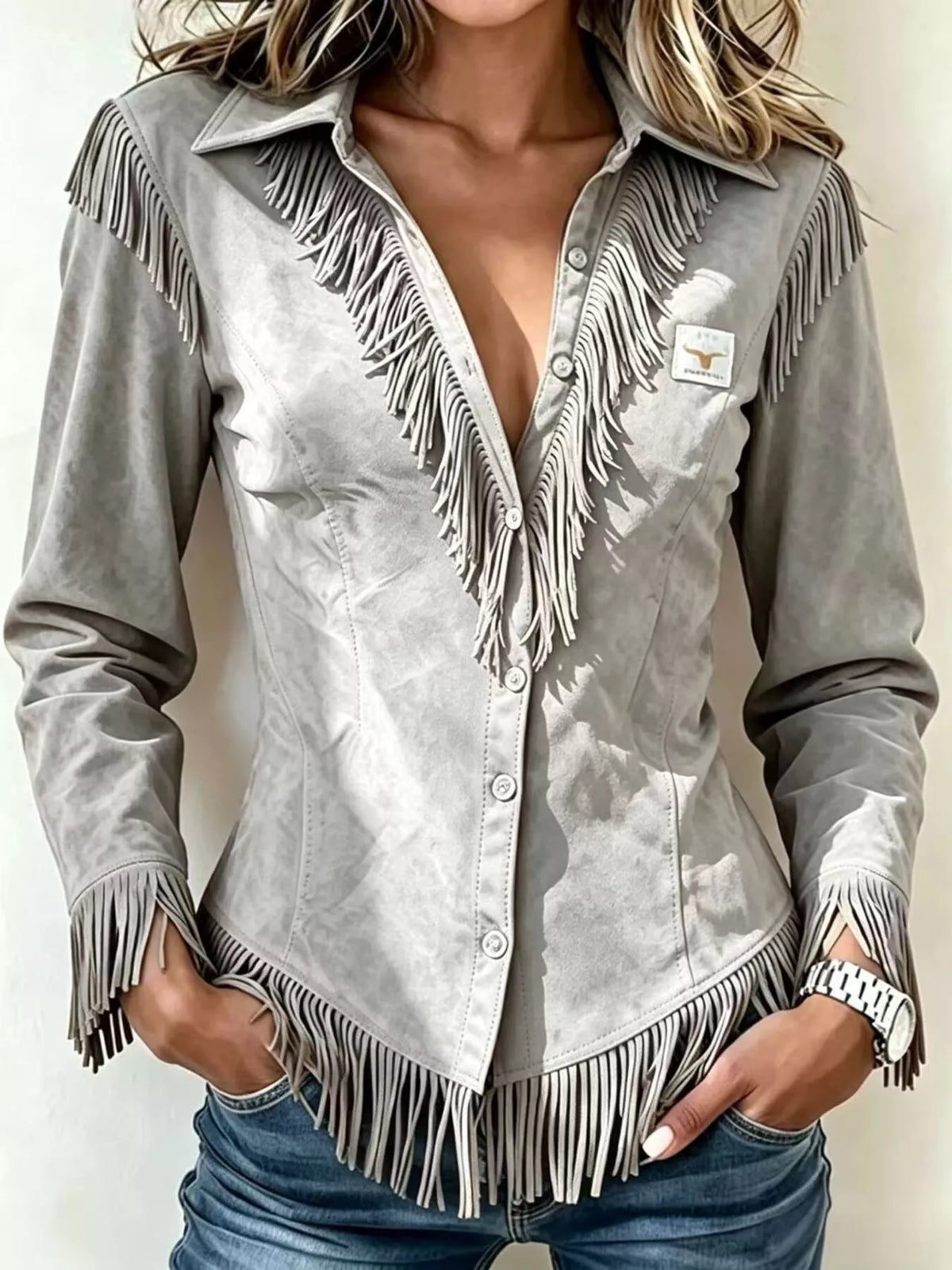 Plus size fringed collared neck shirt by Trendsi, featuring full fringe detailing and a stylish collar, shown on a model.