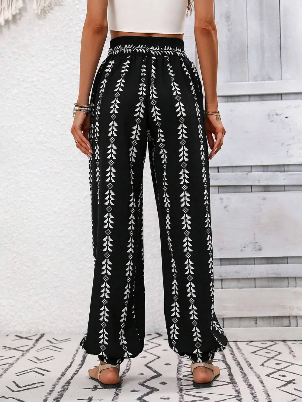 Plush Fashion Hub printed high-waist pants featuring a stylish design and comfortable fit, shown on a model.