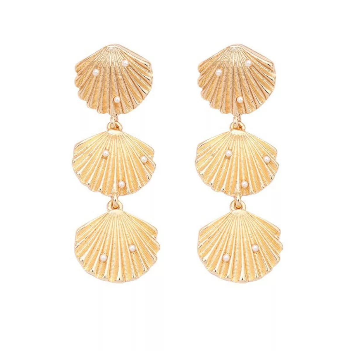 Seashell dangle earrings with pearl accents from Plush Fashion Hub, featuring delicate coastal-inspired jewelry design.