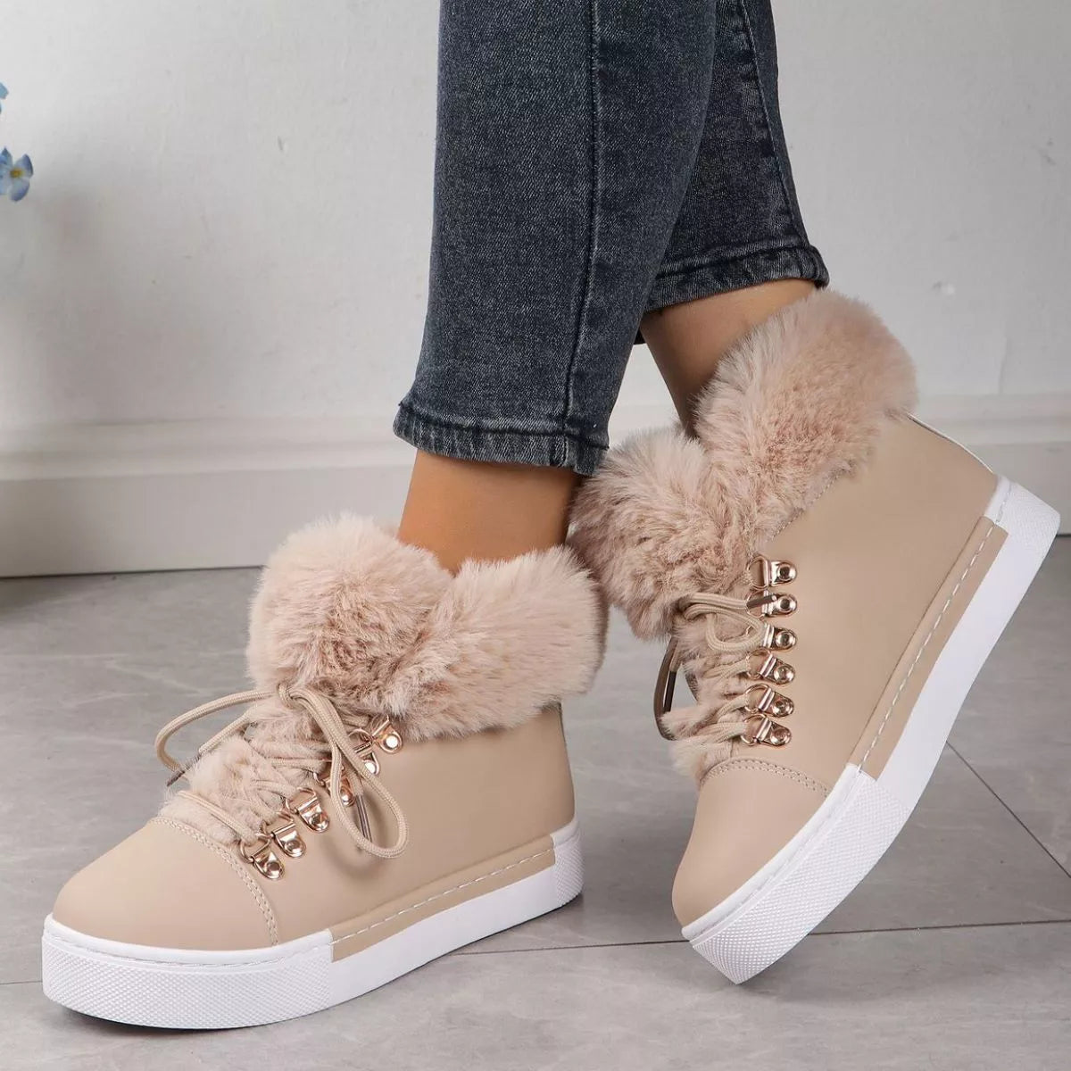 Simply Love fuzzy trim lace-up ankle boots with a stylish design, featuring soft fuzzy accents and sturdy soles.