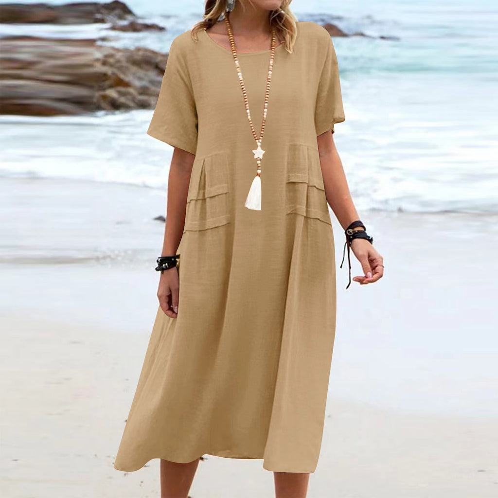 Women's casual cotton linen short-sleeve midi dress by Plush Fashion Hub, displayed on a hanger with a relaxed fit and neutral color.