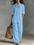 Women's Bohemian top and pants set by FitiqueFit, featuring a relaxed casualwear resort lounge co-ord with flowing fabric and boho style.