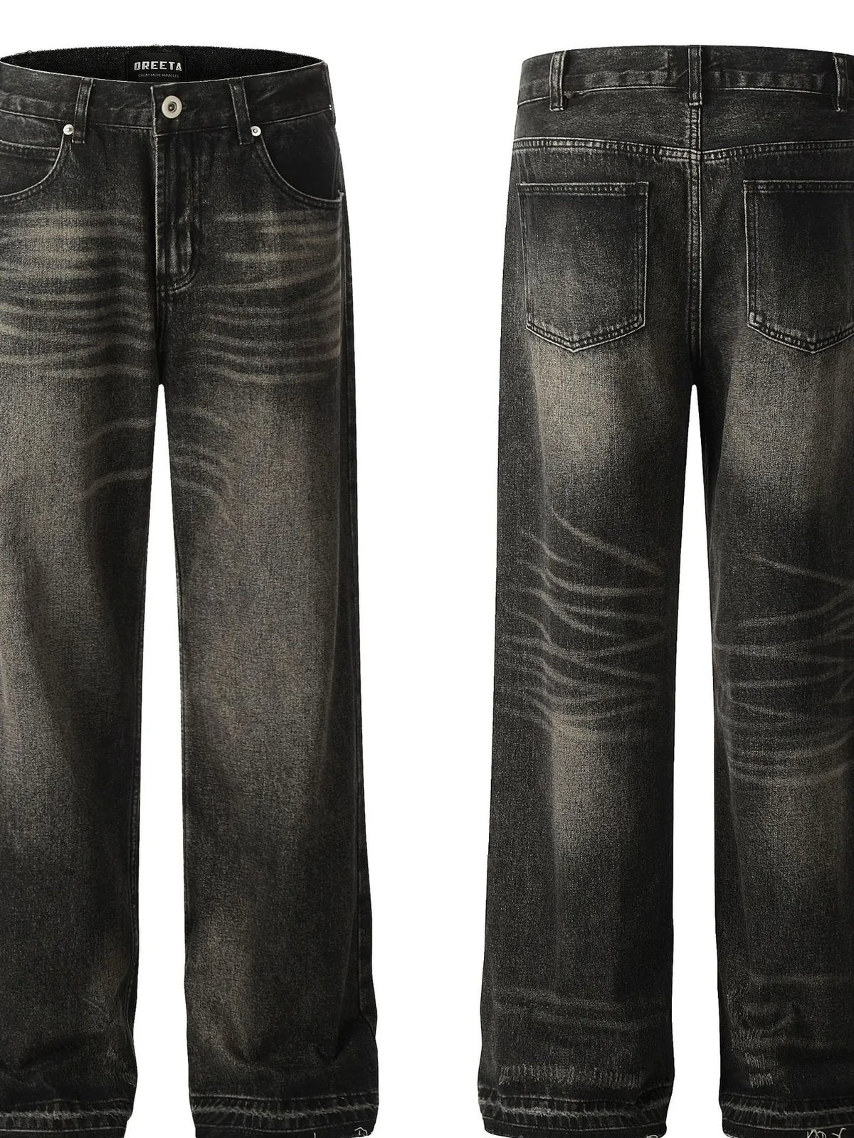 Men's vintage washed denim jeans with frayed hem from Plush Fashion Hub, showing a relaxed fit and distressed details.