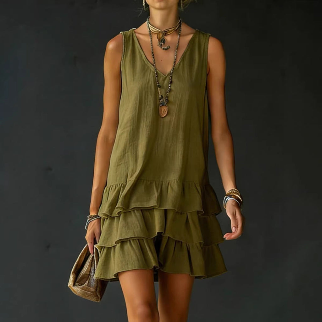 FitiqueFit V-neck sleeveless midi dress in five colors, casualwear, available in sizes S to 2XL, shown on a model.
