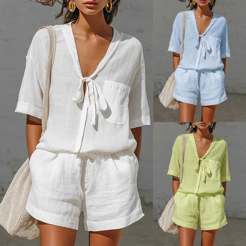 Women's lace-up short-sleeve shirt and loose shorts set from Plush Fashion Hub, casual summer co-ord outfit, shown laid flat.