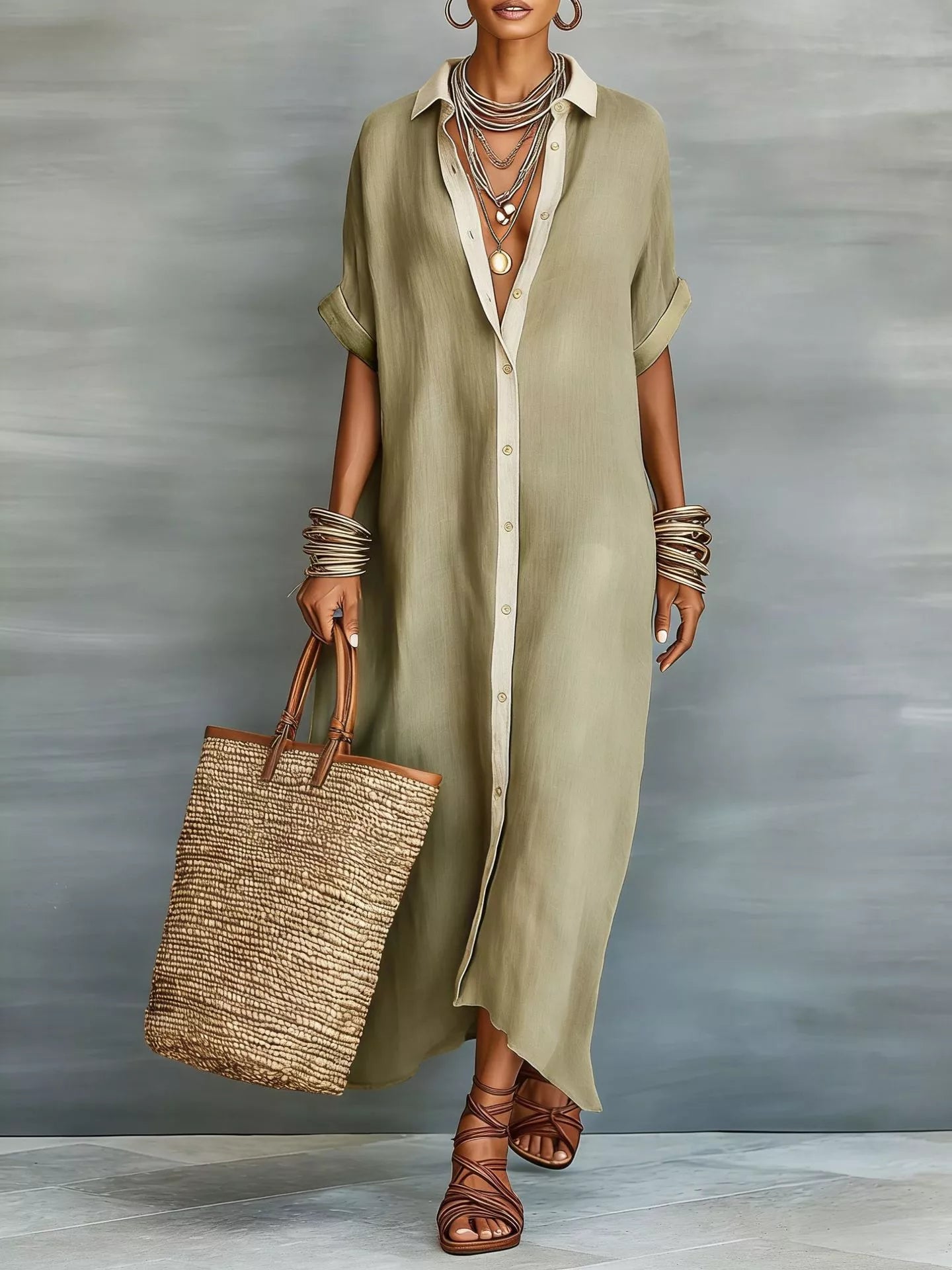 Plus size short sleeve maxi shirt dress with contrast placket from Trendsi, featuring a relaxed fit and stylish design.