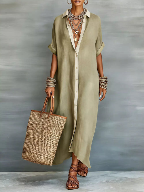 Plus size full size short sleeve maxi shirt dress with contrast placket by Trendsi, shown in a stylish and comfortable design.