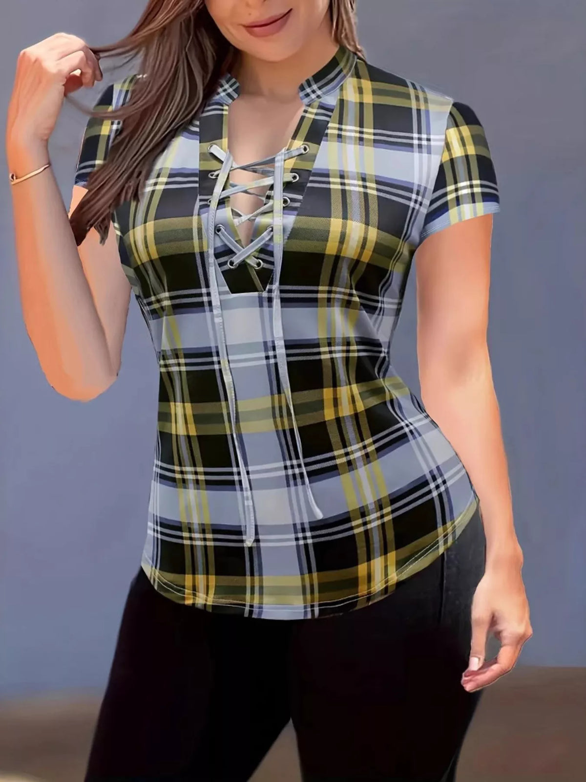 Plaid lace-up short sleeve blouse from Plush Fashion Hub featuring a stylish design and casual fit.