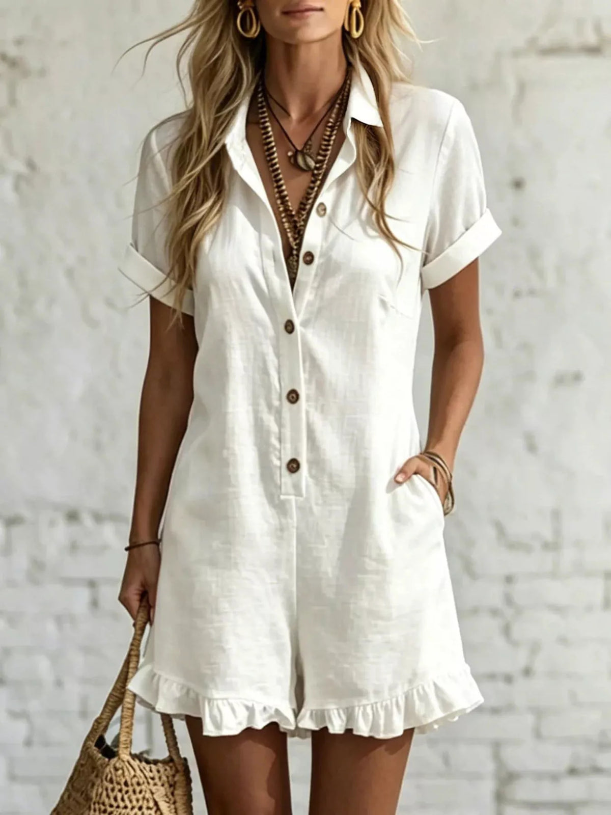 Plus size button front ruffled hem romper in casualwear style, featuring a relaxed fit and trendy design from Trendsi.