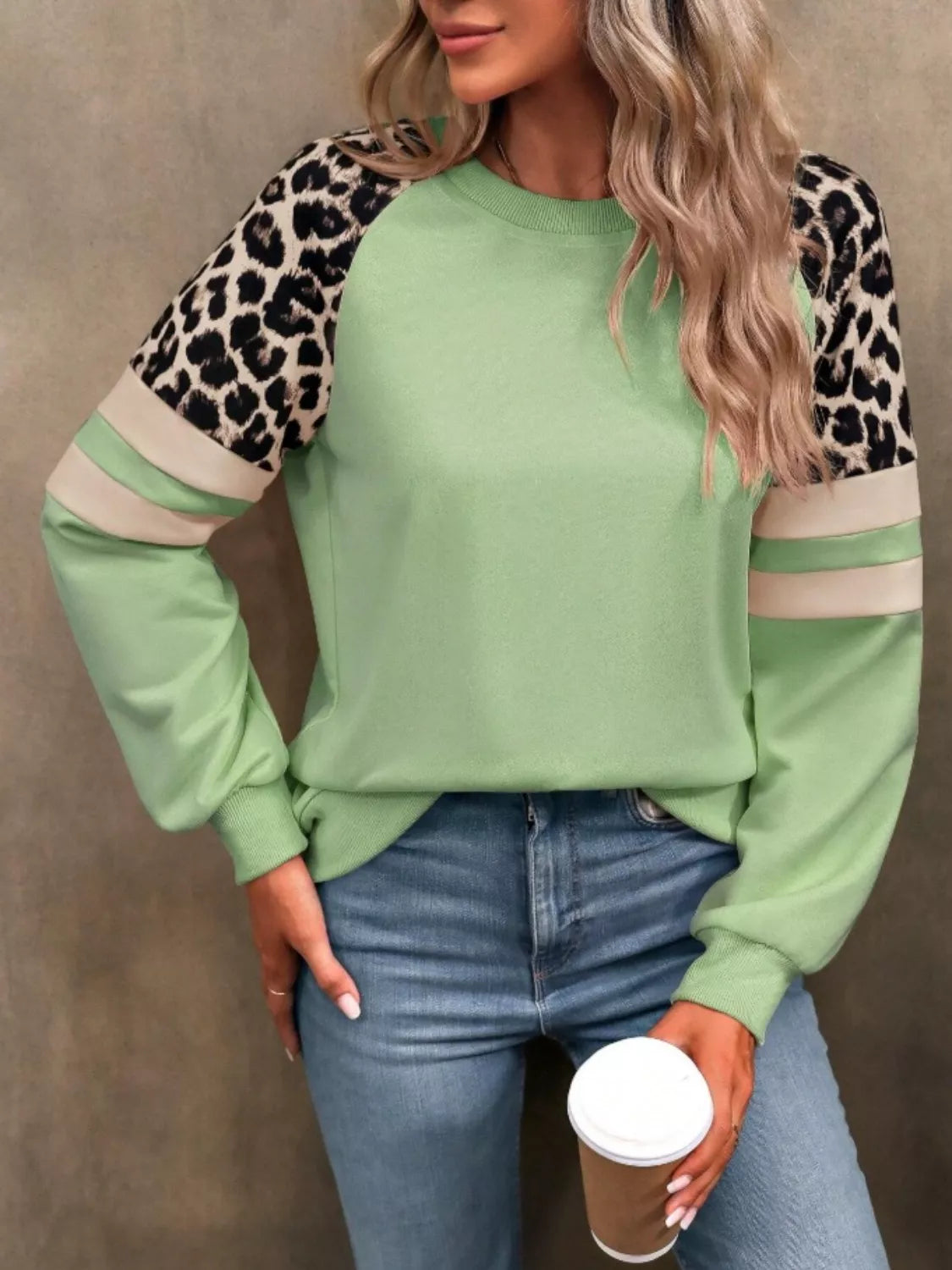 Leopard raglan sleeve striped sweatshirt by Simply Love featuring a mix of animal print and bold striped pattern.