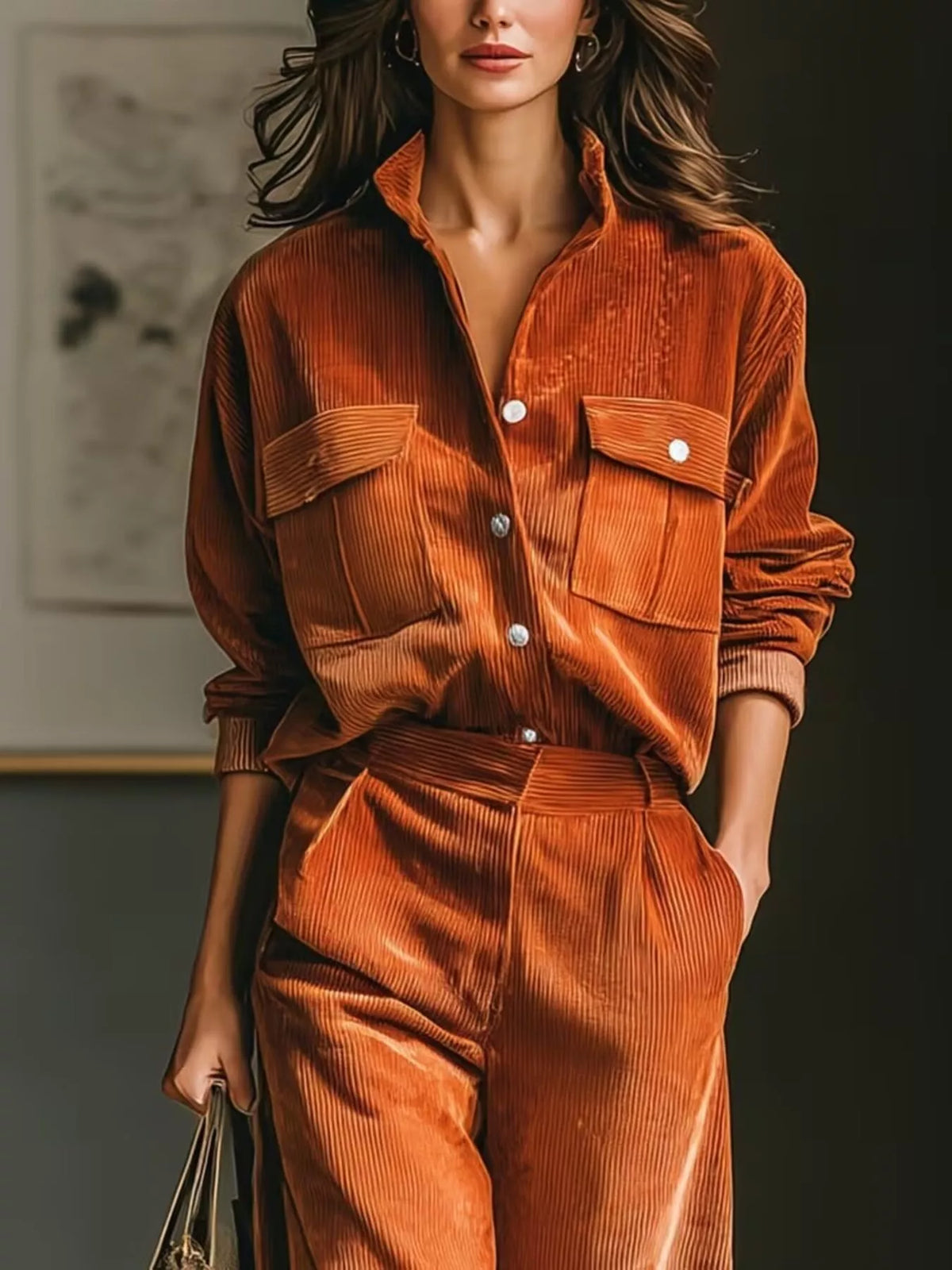 Trendsi corduroy button-down shirt and wide-leg pants two-piece set, featuring a stylish shirt and matching pants in soft corduroy fabric.