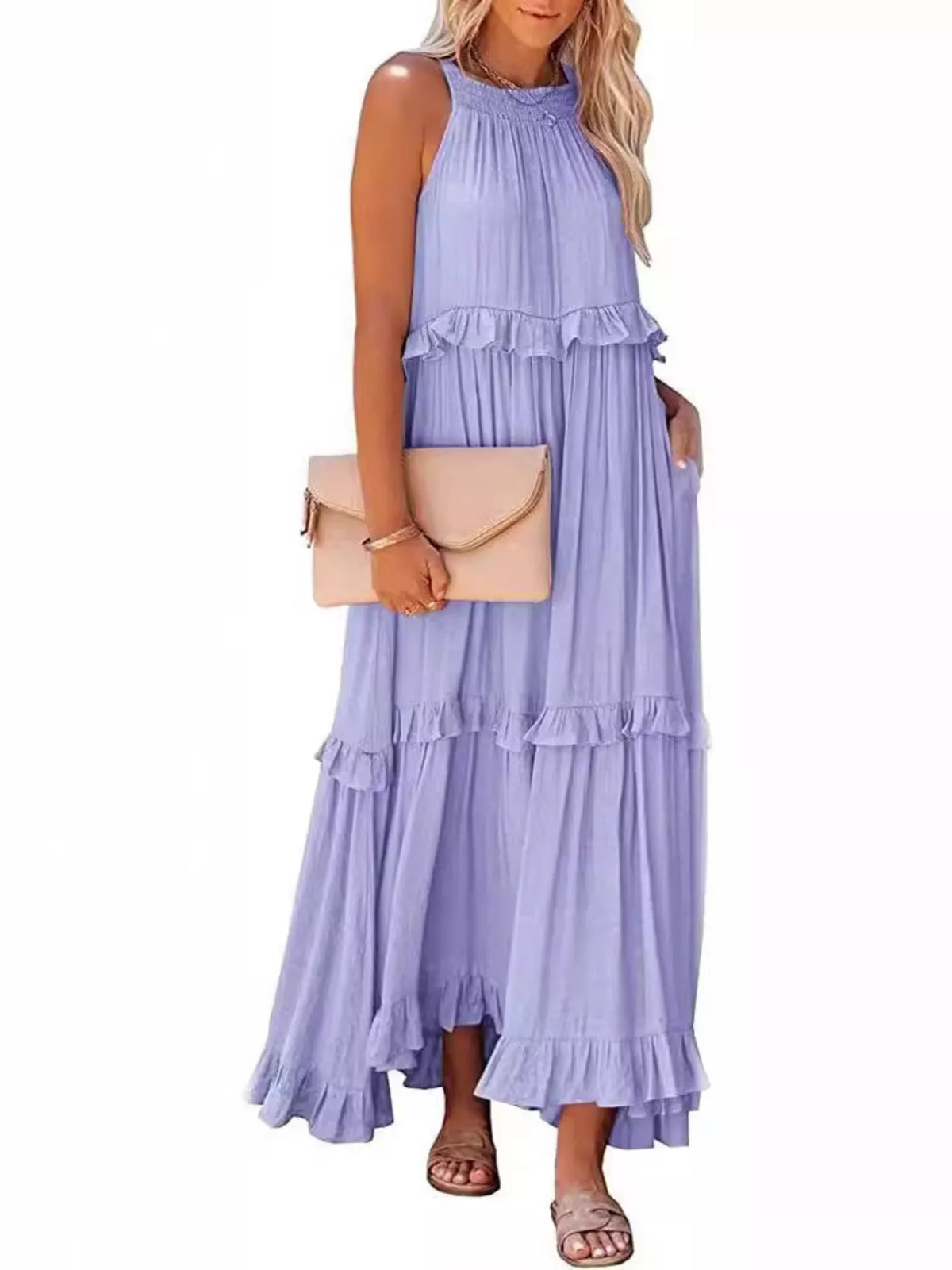 Plush Fashion Hub ruffled tiered sleeveless maxi dress with flowing fabric and layered design, perfect for summer or casual wear.
