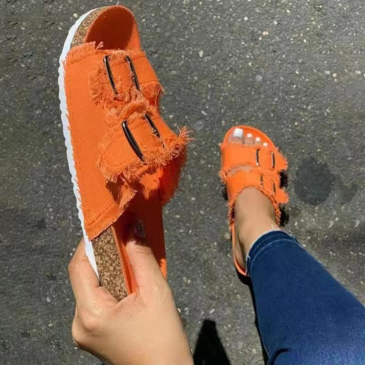 Plush Fashion Hub frayed edge buckle sandals with ankle strap and open toe design on neutral background.