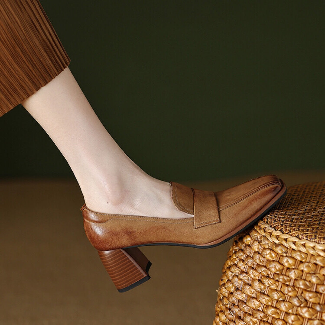 Women's plush sheepskin square toe chunky heel pumps by Plush Fashion Hub, featuring retro high heel dress shoes in neutral tones.