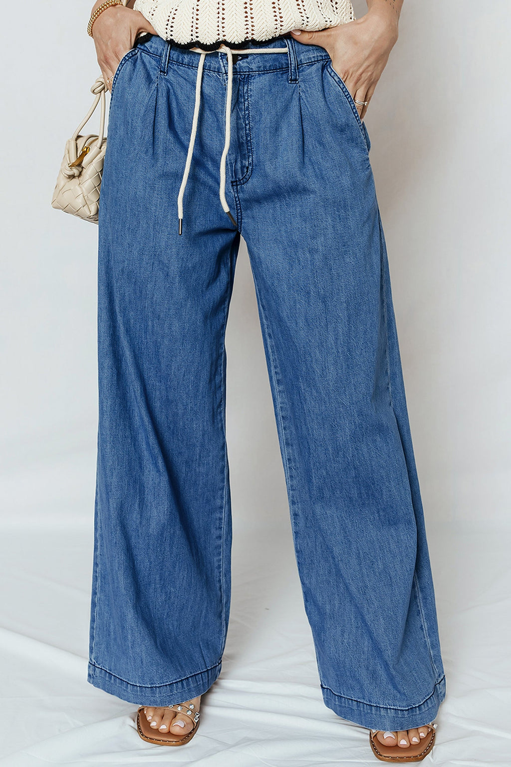 Threaded Pear Oakleigh On Wide Leg Jeans shown on a model, featuring a high-waisted fit and relaxed wide leg design.