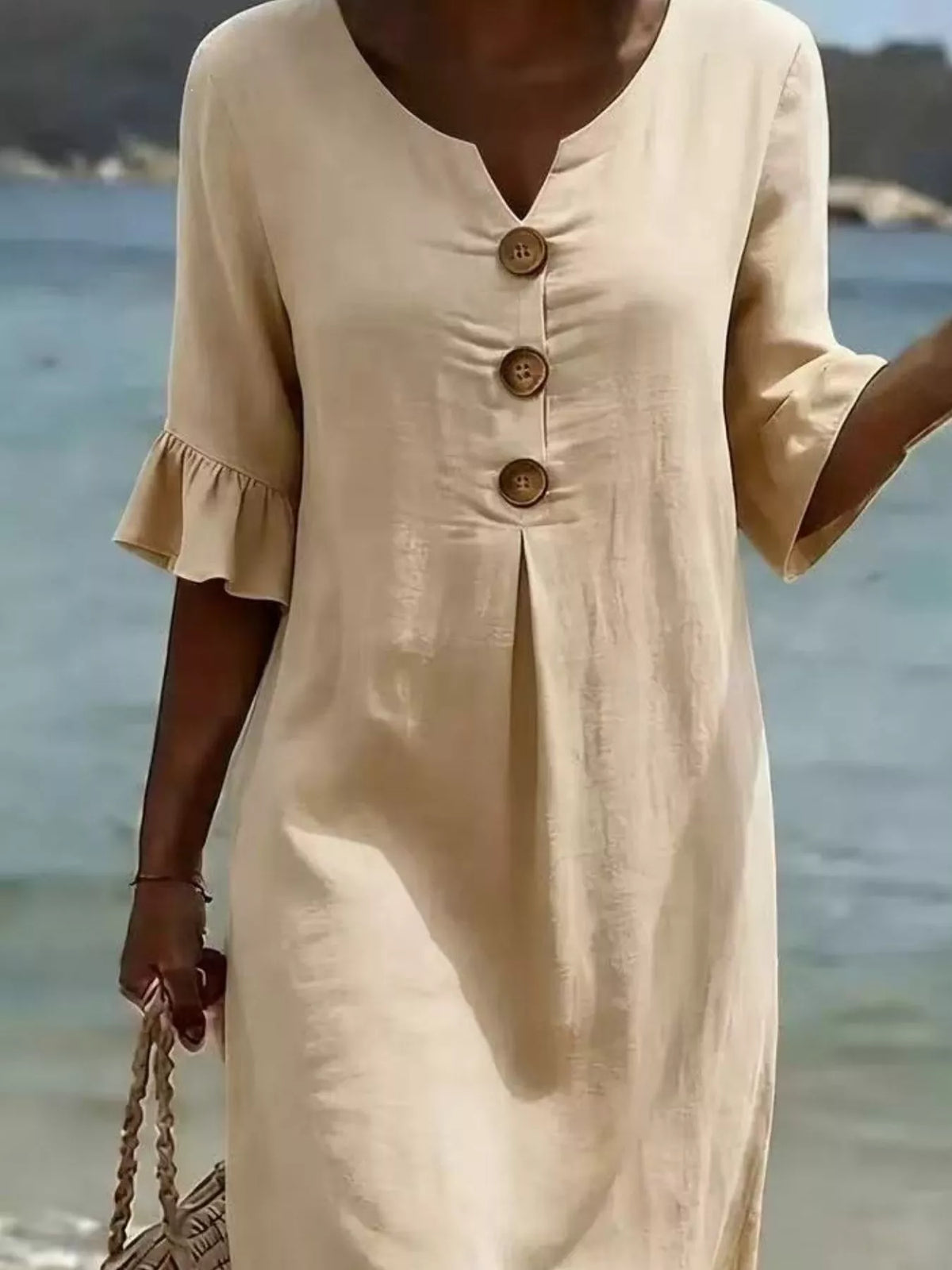 Plus size ruffle sleeve midi dress with button detail by Plush Fashion Hub, featuring a stylish and feminine design.