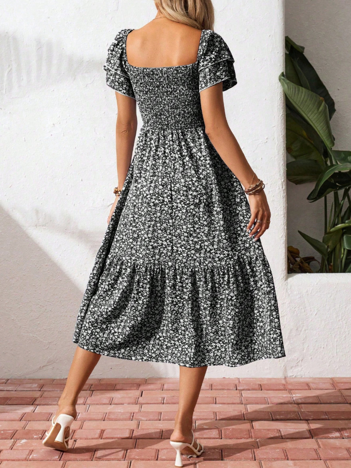 Floral print smocked ruffle sleeve midi dress by Plush Fashion Hub, lightweight summer dress with feminine floral pattern and ruffle details.