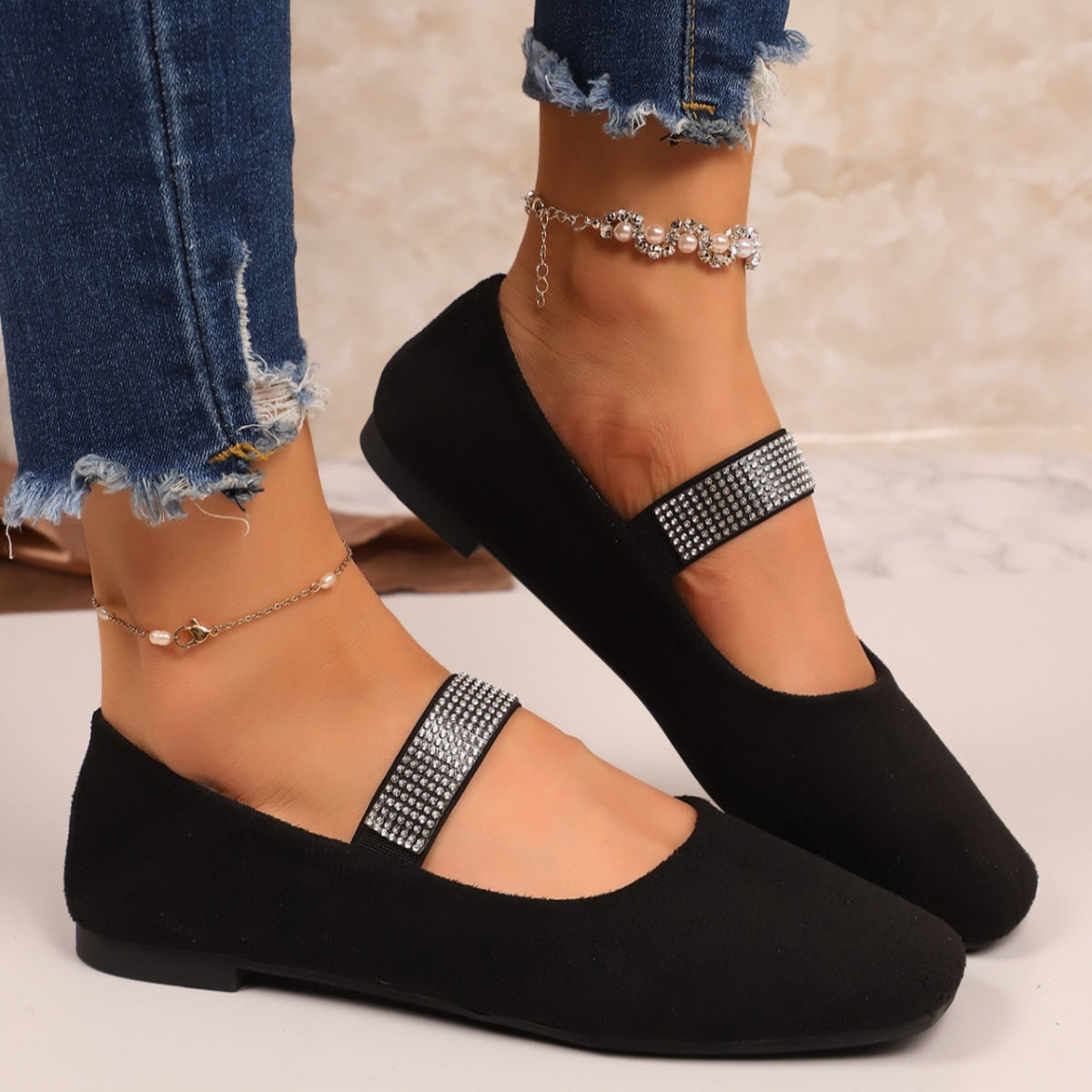 Rhinestone-embellished square toe slip-on flats for women by Plush Fashion Hub, stylish and comfortable shoe with sparkling details.