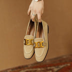 Women's retro suede loafers with metal buckle, platform chunky heel, slip-on design from Plush Fashion Hub.