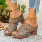 Women's chic buckle detail block heel sandals in premium faux leather, featuring stylish design and comfortable heel height.