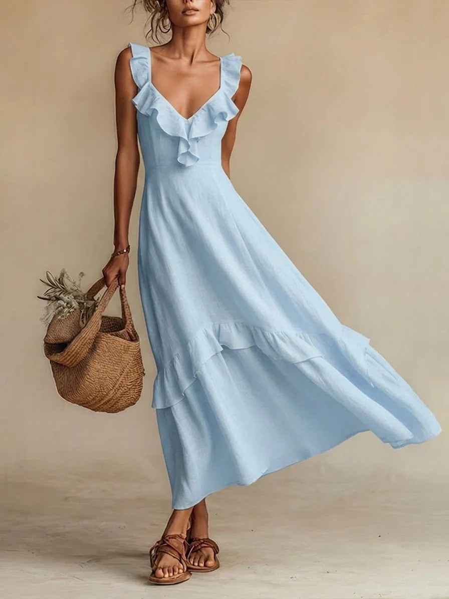 FitiqueFit sleeveless ruffle high-waist maxi dress in various colors, casualwear with flowy skirt and ruffle details, available in sizes S to 3XL.