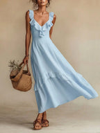 FitiqueFit sleeveless ruffle high-waist maxi dress in various colors, casualwear with flowy skirt and ruffle details, available in sizes S to 3XL.