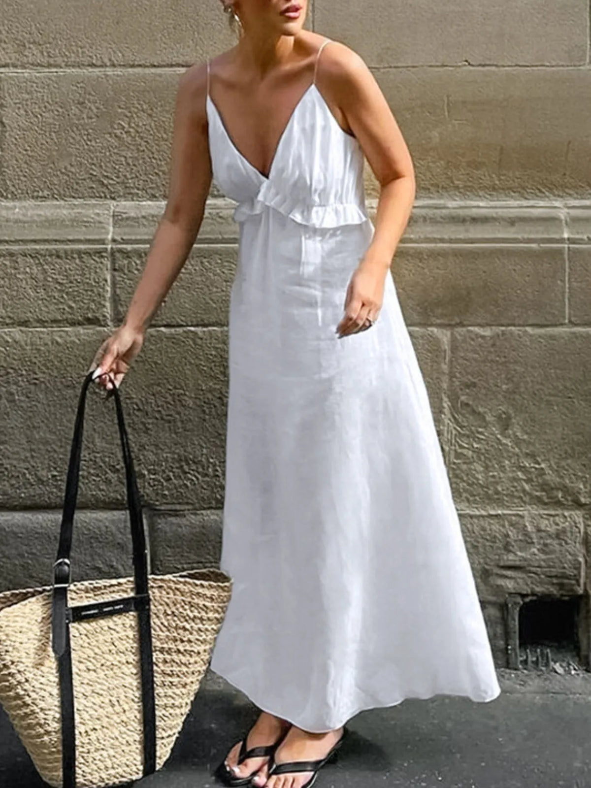 Flowy women’s ruffled V-neck cotton maxi dress by Plush Fashion Hub, perfect for summer boho style and warm weather wear.