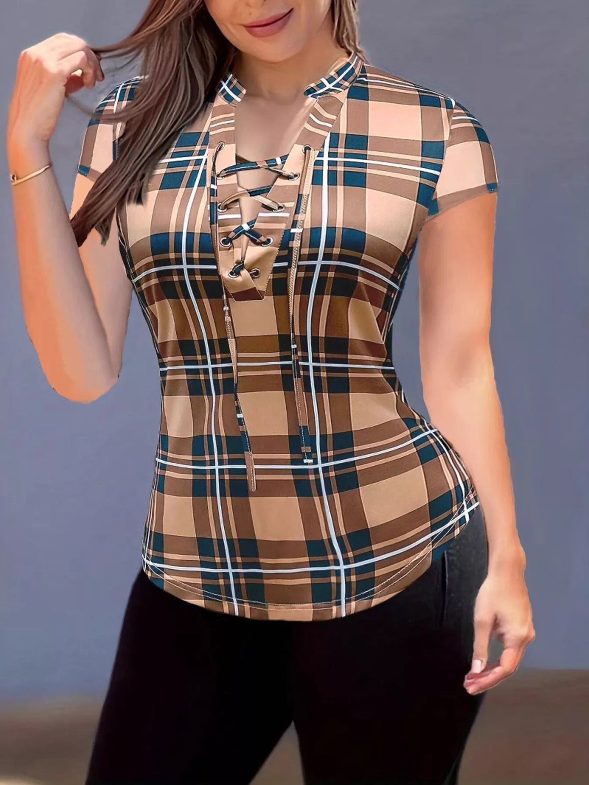 Plaid lace-up short sleeve blouse from Plush Fashion Hub featuring a stylish design and lightweight fabric.