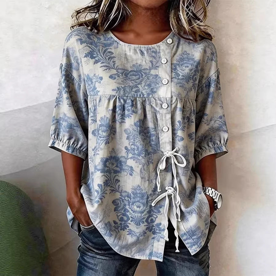 Women's floral 3D print pullover top by Plush Fashion Hub, loose fit casualwear with elegant floral design in various sizes.