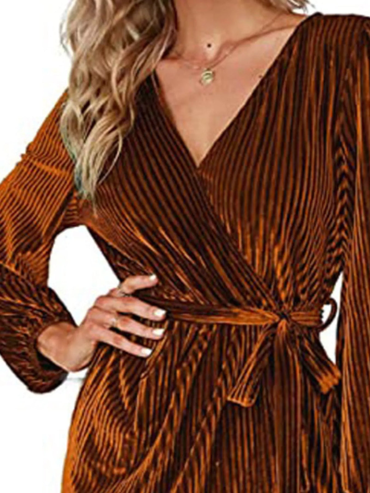 Simply Love surplice long sleeve tie waist dress, featuring a flattering V-neck, long sleeves, and a waist tie for a stylish silhouette.