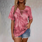 Women's tie-dye print drawstring T-shirt by Plush Fashion Hub, loose fit with short sleeves and casual style.