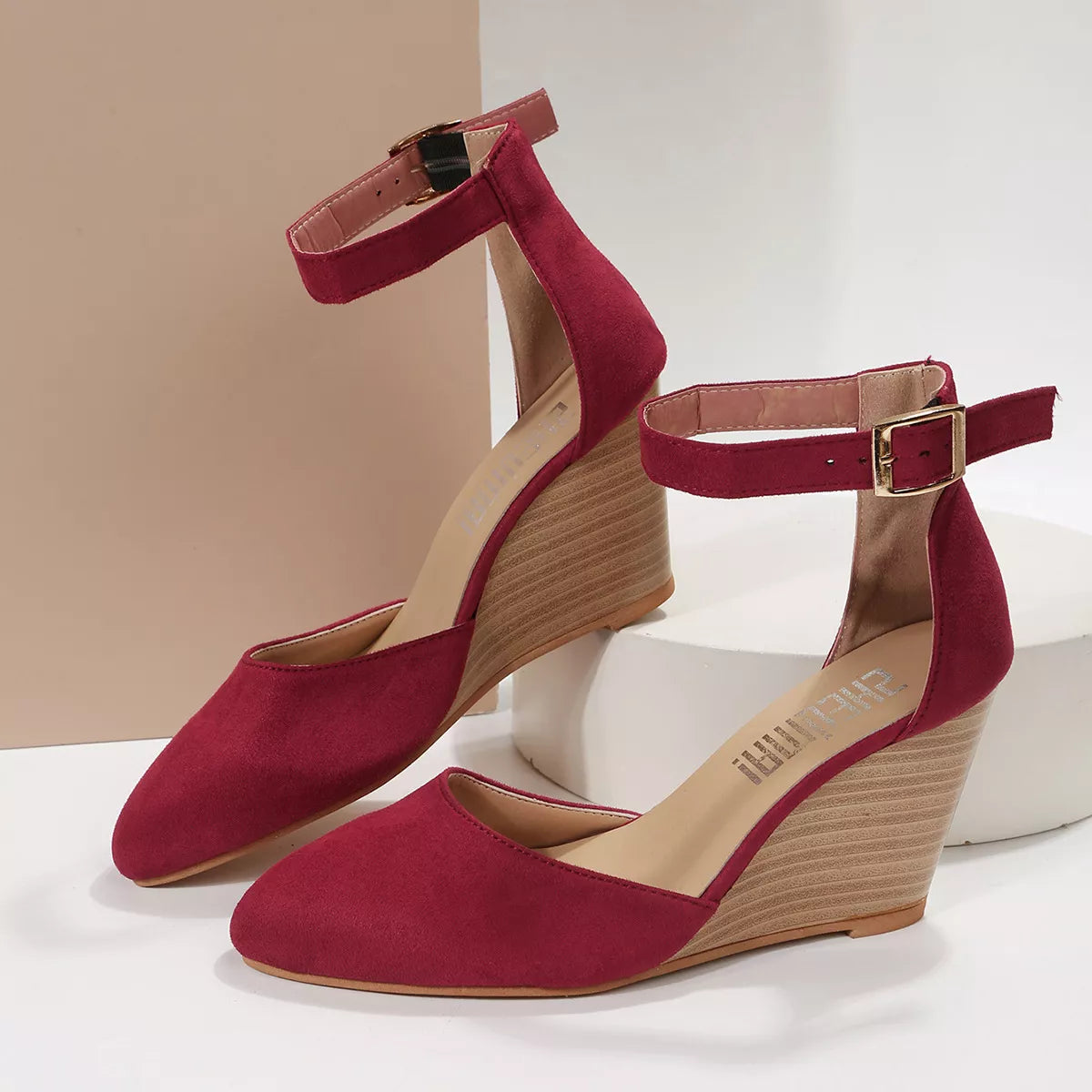 Point toe wedge sandals by Plush Fashion Hub featuring a sleek design with a comfortable wedge heel and elegant open toe style.