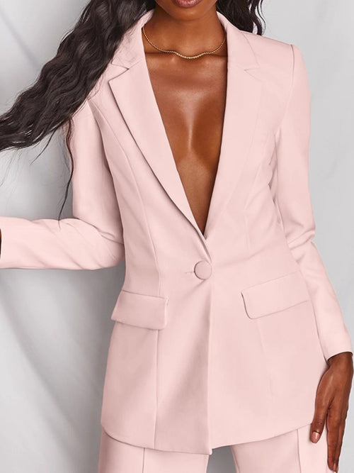 Plus size Trendsi blazer and wide-leg pants set featuring a stylish full-size one-button blazer and matching pants.