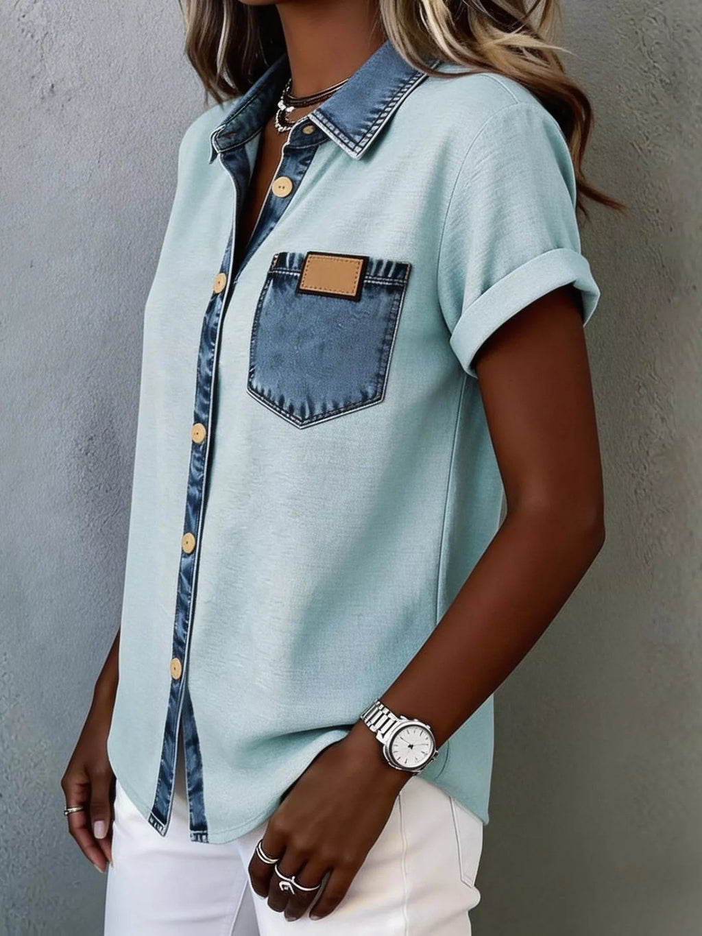 Denim trim short sleeve shirt from Trendsi, casual tops with button front and relaxed fit, displayed on a hanger.