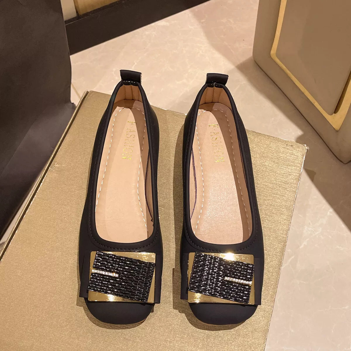 Plush Fashion Hub round toe block heel slip-on footwear, stylish and comfortable for everyday wear.