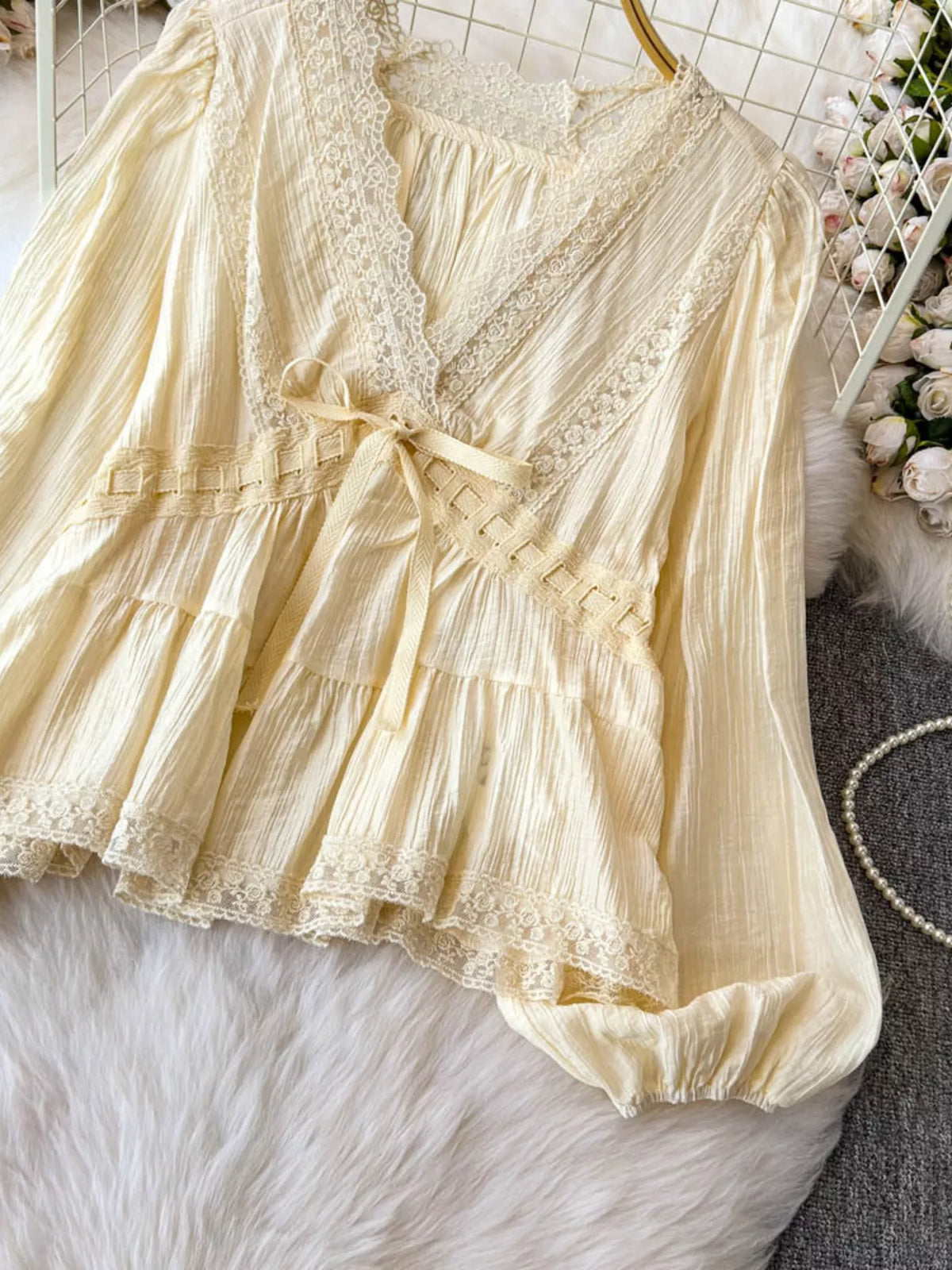 Lace detail V-neck blouse dress by Plush Fashion Hub featuring elegant lace accents and a flattering v-neck design.