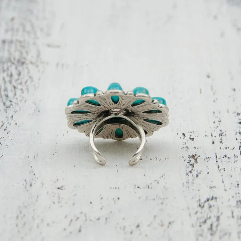 Artificial turquoise alloy flower ring featuring intricate floral design, perfect for stylish jewelry accessories.