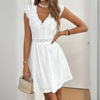 Women’s V-neck short-sleeve casual dress with lace trim by FitiqueFit, featuring a stylish and comfortable design.