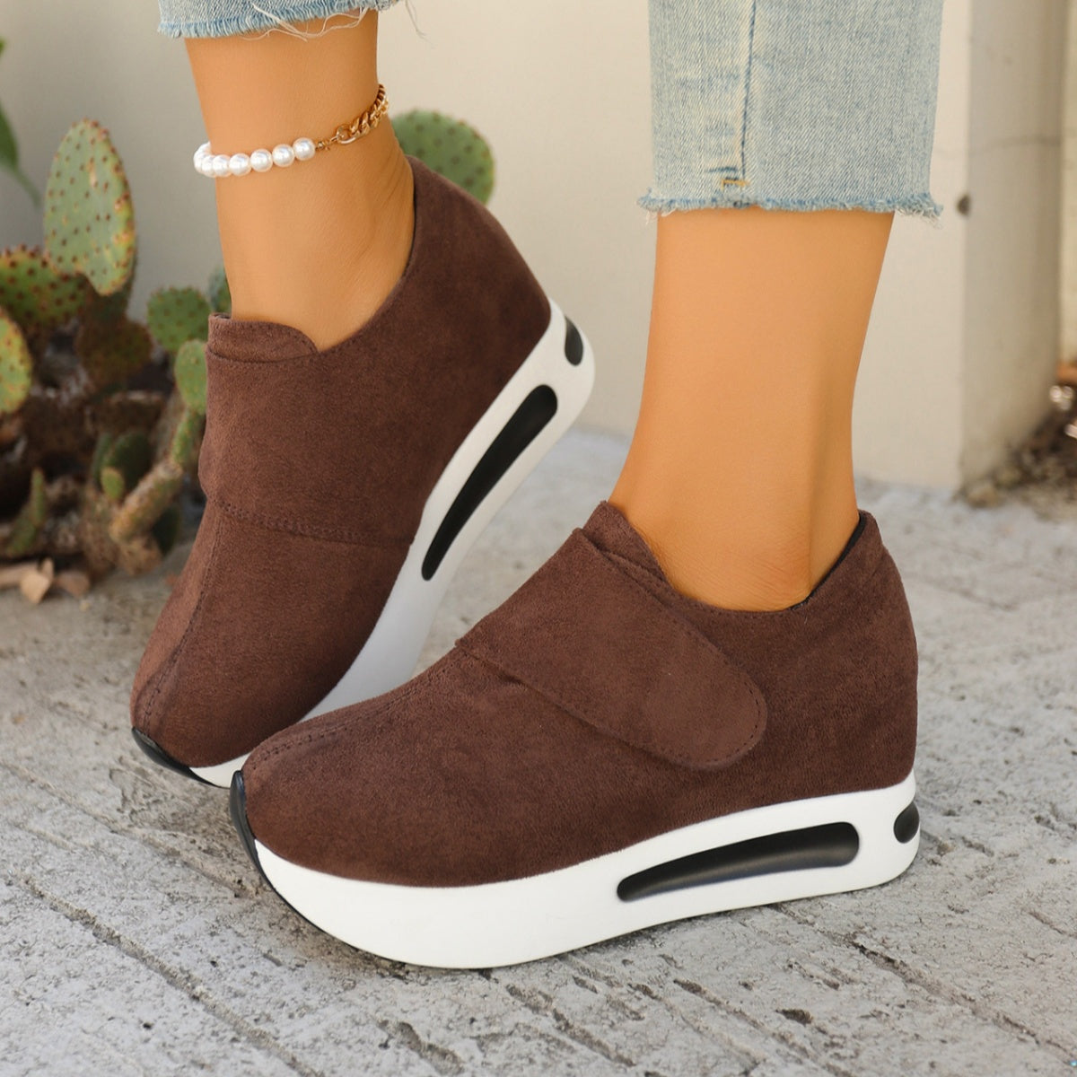 Women’s round toe platform sneakers by Plush Fashion Hub, mid heel casual shoes with white and pastel accents, side view.