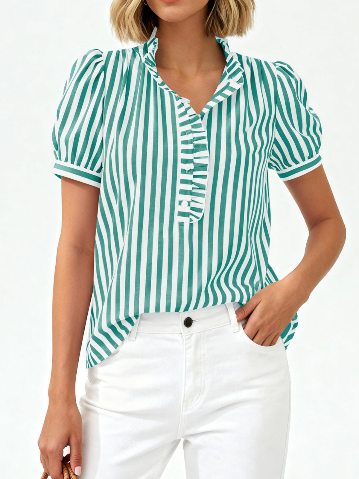 Women's striped puff sleeve blouse with ruffled details from Plush Fashion Hub, featuring a stylish and feminine design.