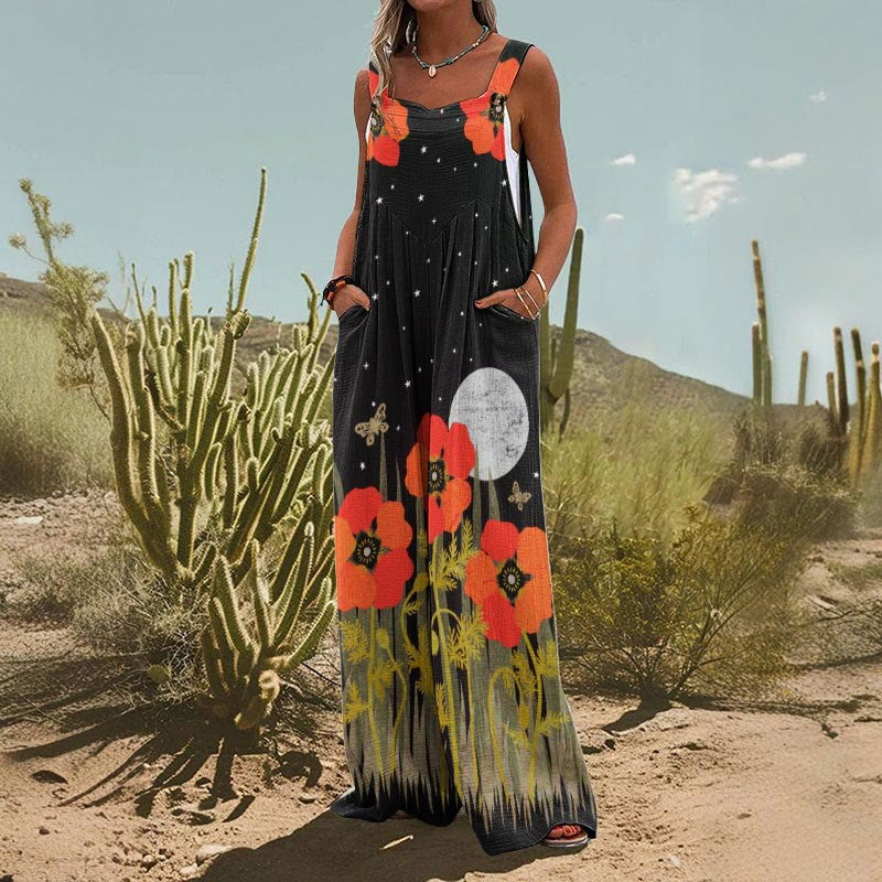 Women’s square-neck floral sleeveless jumpsuit by FitiqueFit, casualwear, featuring a stylish floral print and a comfortable fit.