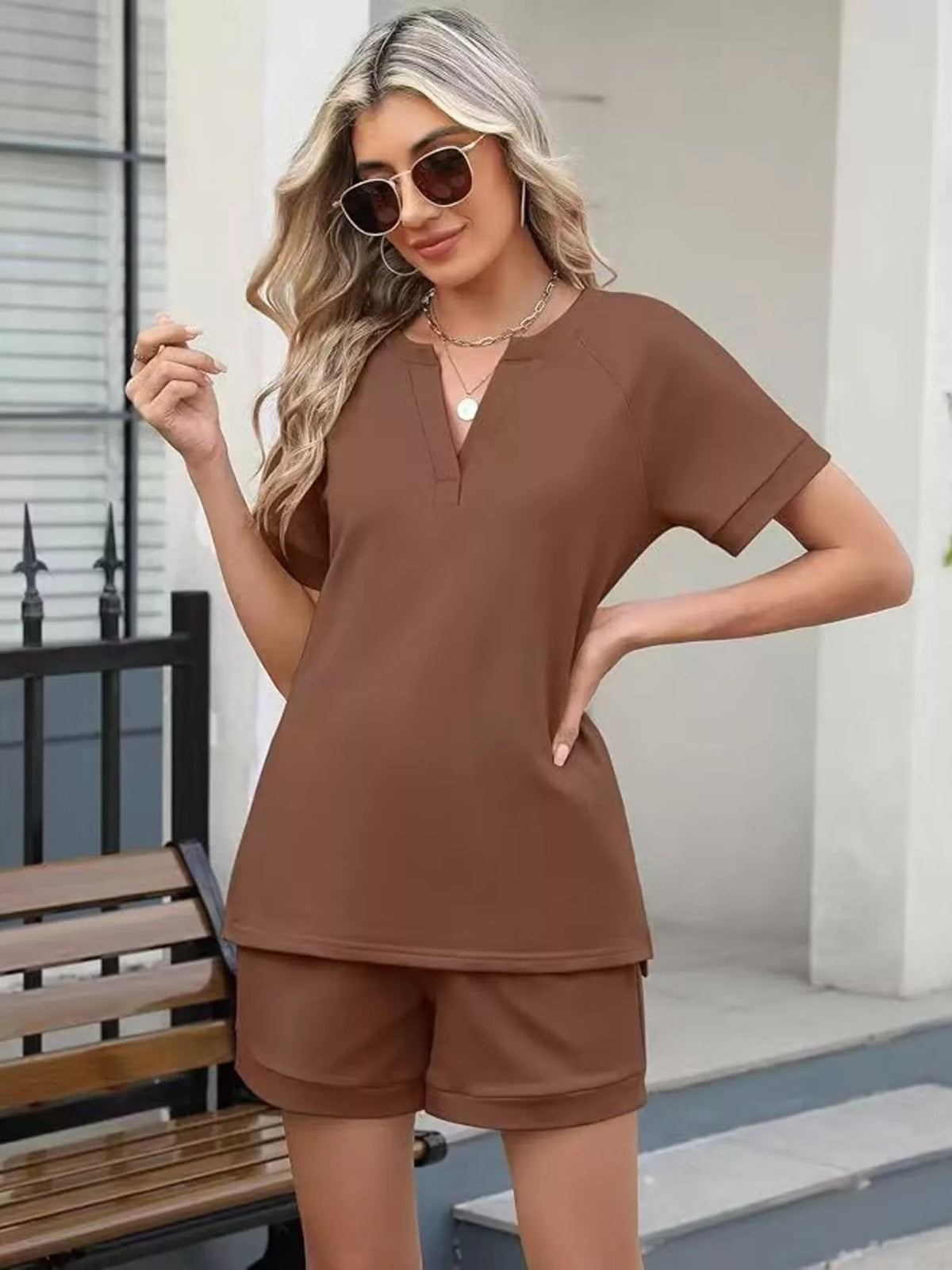 Solid color short sleeve top and shorts two-piece set by Plush Fashion Hub, casual summer outfit for women.