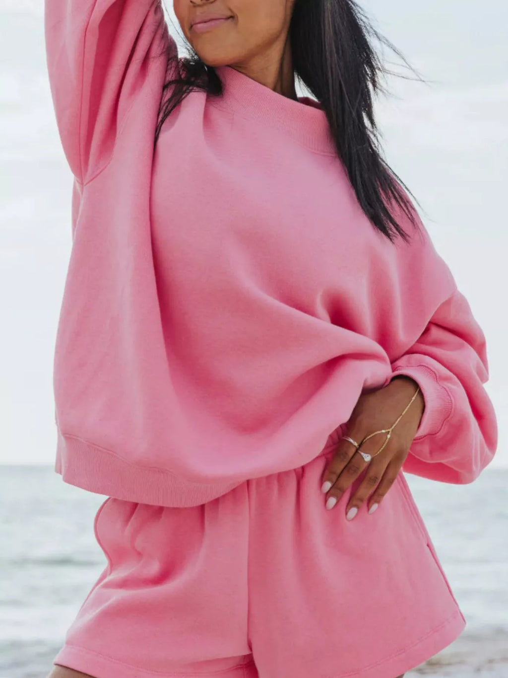 Trendsi relaxed fit round neck sweatshirt and shorts set, casual 2-piece outfit in soft fabric, displayed on a hanger.