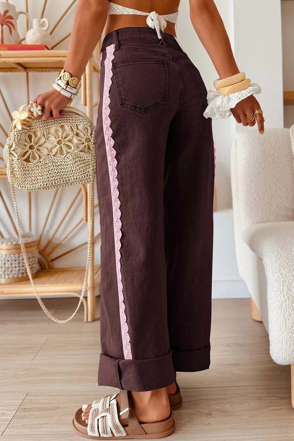 Casual full-length jeans with lace trim details, regular fit, Trendsi brand, shown on a model.