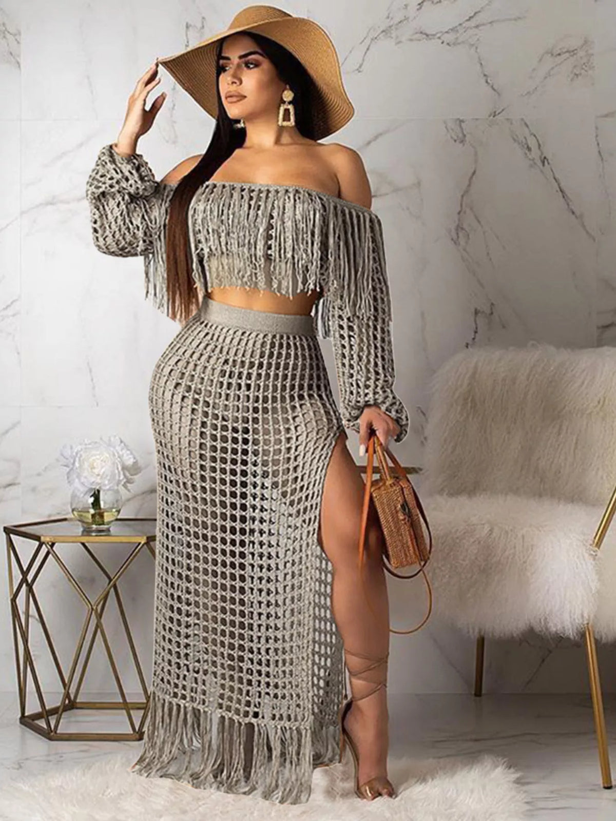 Plus size crochet off-shoulder fringe top and skirt set by Plush Fashion Hub, showcasing a stylish matching set with fringe details.